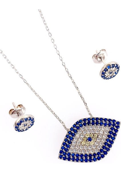 925 Ayar Gümüş Mavi Nazar Boncuk Kolye Küpe Kadın Set fiyatları