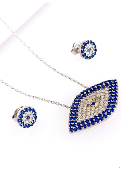 925 Ayar Gümüş Mavi Nazar Boncuk Kolye Küpe Kadın Set modelleri