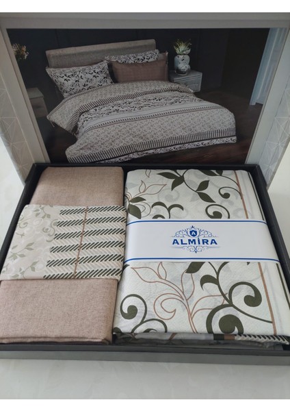 Almira Krem-Yeşil-Kahve Renkli Çift Kişilik Pamuklu Nevresim Takımı modelleri