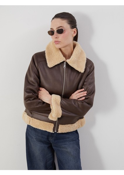 Yeni Sezon Kürk Yaka Kadın Deri Görünümlü Mont