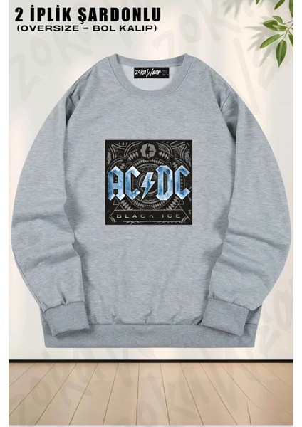 Unisex Ac Dc Baskılı Oversize Bisiklet Yaka Sweatshirt