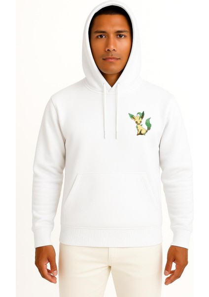 Kapüşonlu Leafeon Eevee Cep Baskılı Unisex Sweatshirt