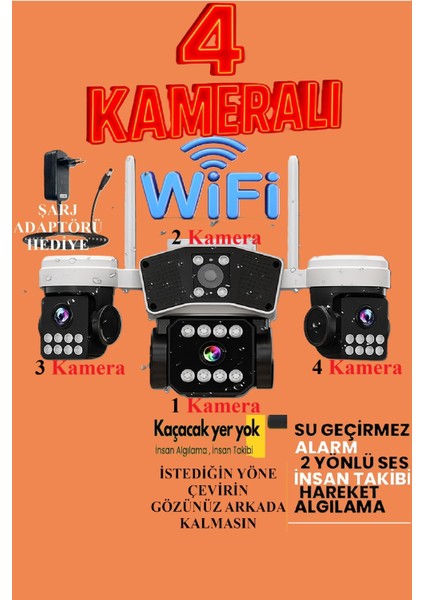 4 Kameralı 12MP Wifi Güvenlik Kamerası – Çift Yönlü Ses, Kişi Algılama, Yağmur & Kara Dayanıklı
