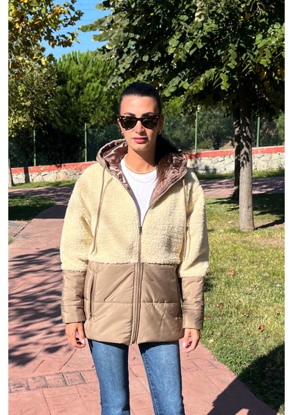 Kapüşonlu Kapitone Garnili Uzun Peluşlu Mont