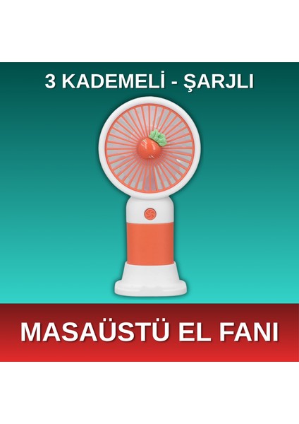 - 3 Kademeli Şarjlı Mini El Fanı - Turuncu & Beyaz Renk