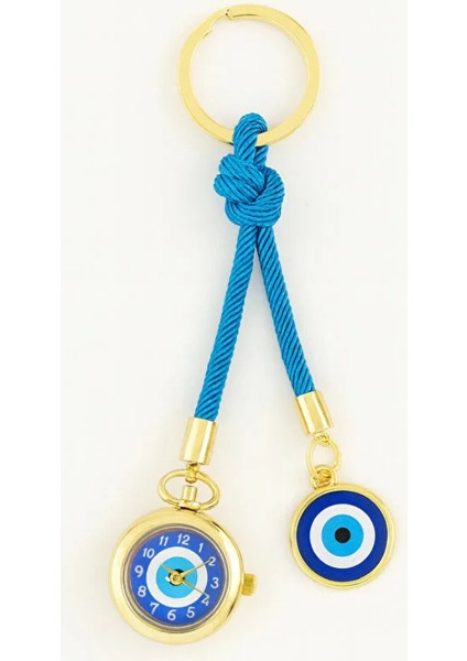 Altın Kaplama Nazar Boncuklu Saatli Anahtarlık