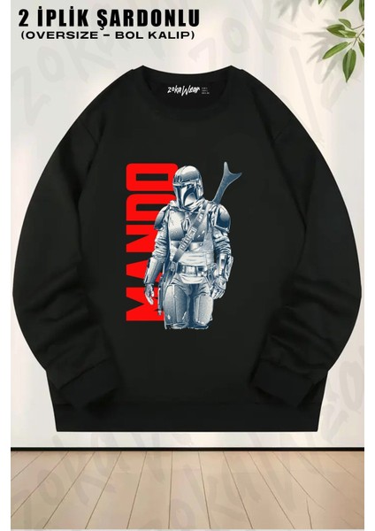 Unisex Star Wars The Mandalorian Baskılı Oversize Bisiklet Yaka Sweatshirt