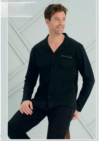 Erkek Siyah Interlok Önü Düğmeli Uzun Kollu Pijama Takımı 2229