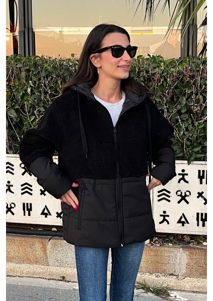 Kapüşonlu Kapitone Garnili Uzun Peluşlu Mont