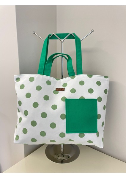 Pamuk/polyester Kumaş Totebag Çanta-Mint Yeşil Puanlı