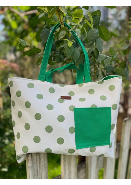 Pamuk/polyester Kumaş Totebag Çanta-Mint Yeşil Puanlı