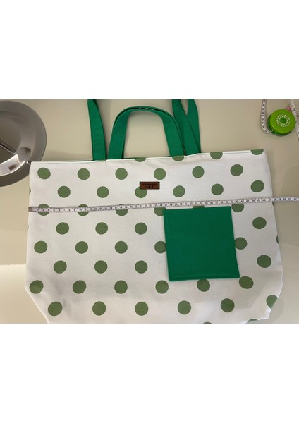 Pamuk/polyester Kumaş Totebag Çanta-Mint Yeşil Puanlı