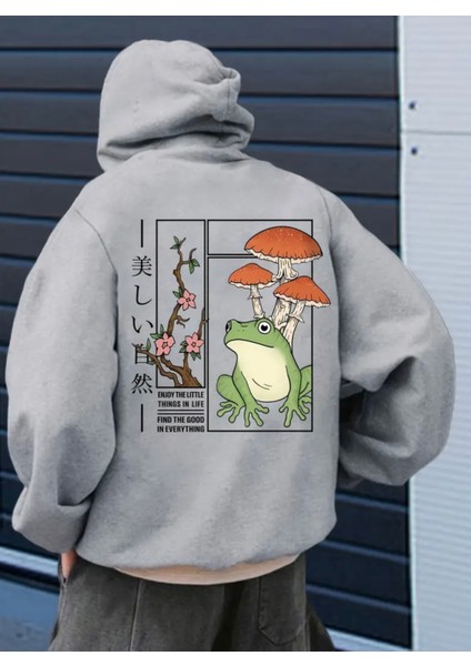 Punıx Büyük Beden Özel Tasarım Kapüşonlu Kurbağa Mantarlar Sırt Baskılı Oversize Erkek Sweatshırt