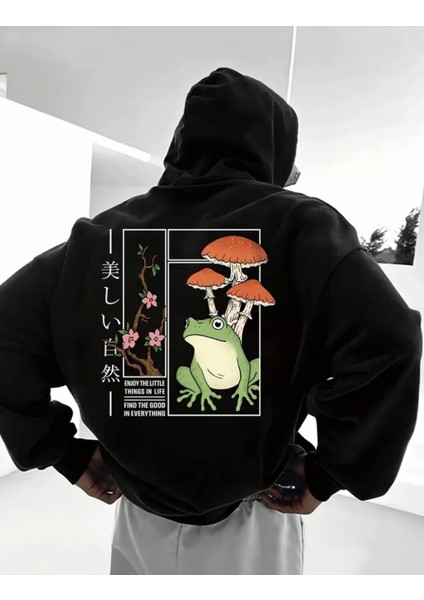 Punıx Büyük Beden Özel Tasarım Kapüşonlu Kurbağa Mantarlar Sırt Baskılı Oversize Erkek Sweatshırt