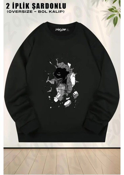 Unisex Attack On Titan Duvardaki Dev Baskılı Oversize Bisiklet Yaka Sweatshirt