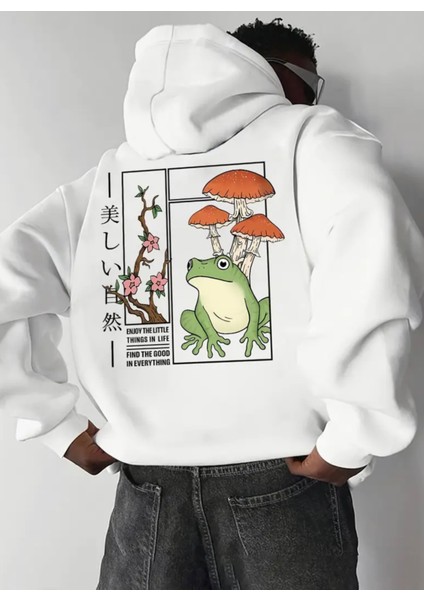 Punıx Büyük Beden Özel Tasarım Kapüşonlu Kurbağa Mantarlar Sırt Baskılı Oversize Erkek Sweatshırt