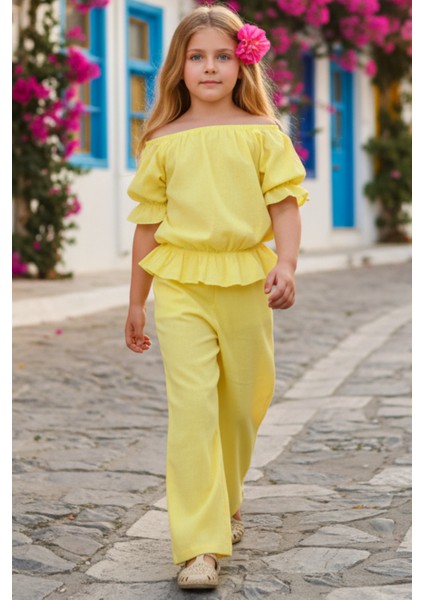 Kız Çocuk Gloria Sarı Şile Bezi Bluz Pantolon Takım