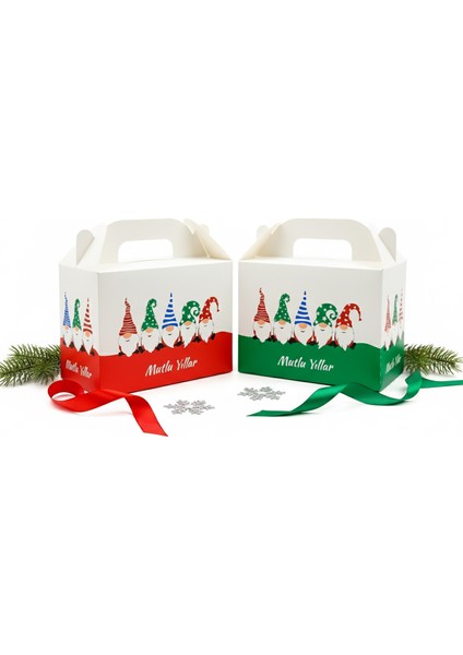 Yılbaşı Temalı 10X14 cm Karton Hediye Kutusu 2 Adet - Mutlu Yıllar ve Happy New Year Kırmızı-Yeşil