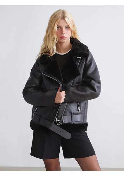 Xsıde Siyah Pelüş Biker Yaka Kadın Deri Görünümlü Mont
