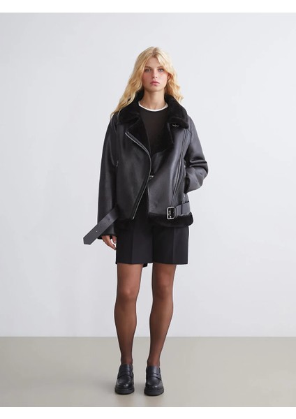 Xsıde Siyah Pelüş Biker Yaka Kadın Deri Görünümlü Mont fiyatları