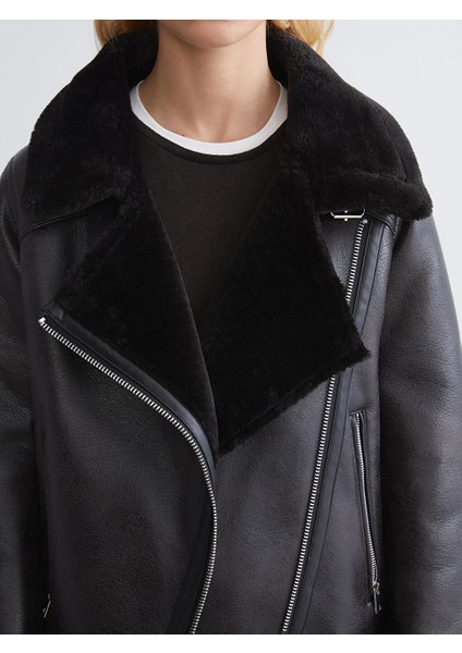 Xsıde Siyah Pelüş Biker Yaka Kadın Deri Görünümlü Mont modelleri