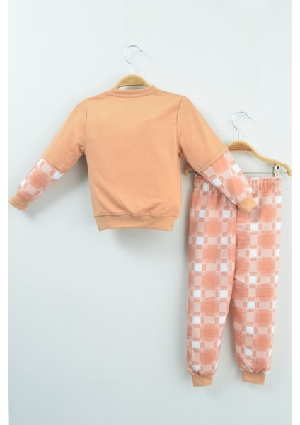 Somon Rengi Ekose Kollu ve Tavşan Nakışlı Kız Çocuk Takımı modelleri