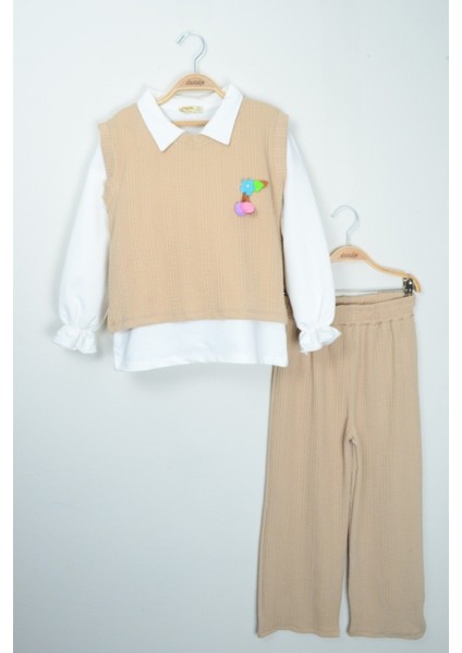 Kız Çocuk Bej Örme Yelekli Bluz ve Pantolon Takımı (Üç Parça)