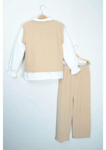 Kız Çocuk Bej Örme Yelekli Bluz ve Pantolon Takımı (Üç Parça) fiyatları