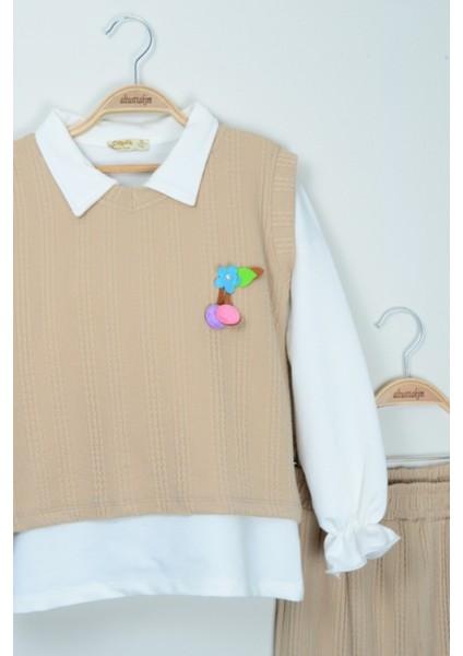 Kız Çocuk Bej Örme Yelekli Bluz ve Pantolon Takımı (Üç Parça) modelleri
