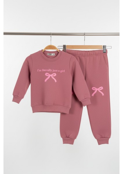 3 Iplik Şardonlu Şık ve Rahat Pembe Fiyonklu Kız Çocuk Eşofman Takımı (3-7 Yaş)