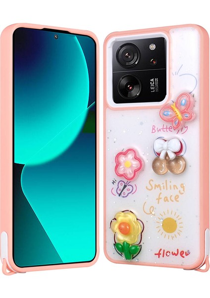 Xiaomi Mi 13T Kılıf Parlayan Sıvılı Simli Kabartma Figürlü Brvh Cevze Kapak-Pembe