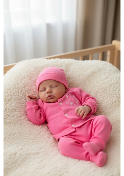 Sevimli Tavşancık Desenli %100 Pamuk Fuşya Bebek Takımı