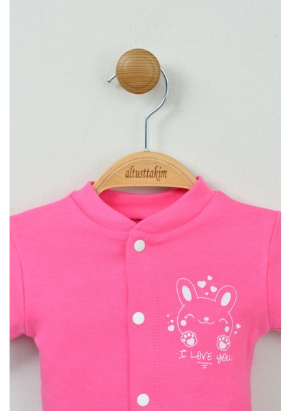 Sevimli Tavşancık Desenli %100 Pamuk Fuşya Bebek Takımı