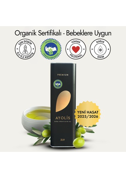 Premium Organik Zeytinyağı 2 lt Yüksek Polifenollü Soğuk Sıkım Natürel Sızma Zeytinyağı