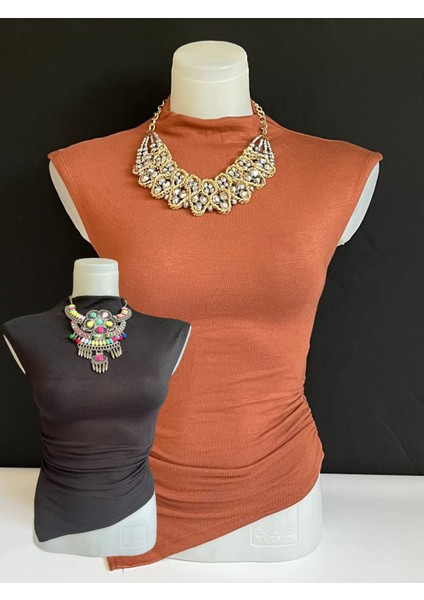 Kadın Farklı Renklerde 2'li Paket Kolsuz Boğazlı Asimetrik Kesim Fit Elbise