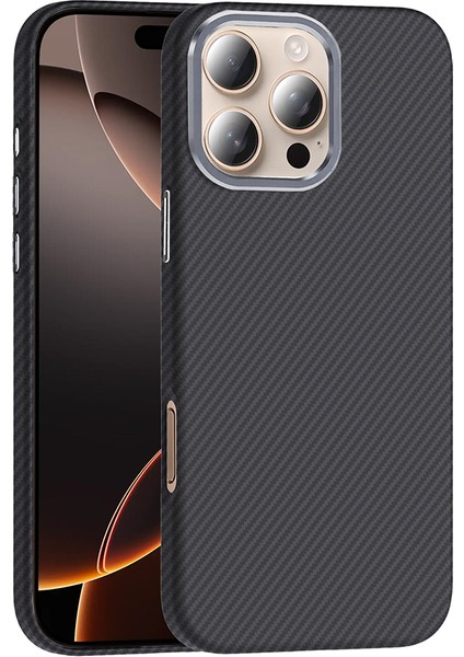 iPhone 16 Pro Max Kılıf Magsafe Şarj Özellikli Karbon Fiber Görünümlü Brvh Gros Kapak - Siyah