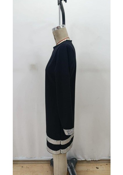 Kadın Uzun Kollu Bisiklet Yaka Mini Ithal Krep Elbise