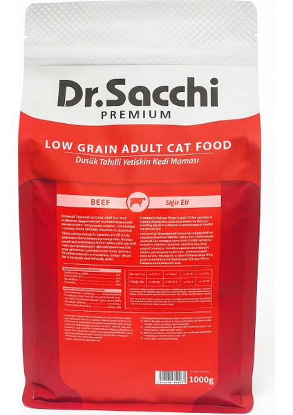 Dr.sacchi Düşük Tahıllı Sığır Etli Yetişkin Kedi Maması 1 kg X2 Adet modelleri