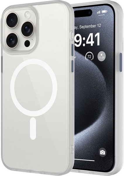 Apple iPhone 15 Pro Max Kılıf Mat Arka Yüzey Wireless Şarj Özellikli Brvh Flet Magsafe Kapak-Beyaz