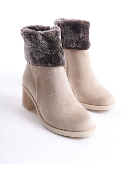 Katya Fermuarlı Ortopedik Taban Topuklu Kürk Detaylı Süet Kadın Bot Tt Ten