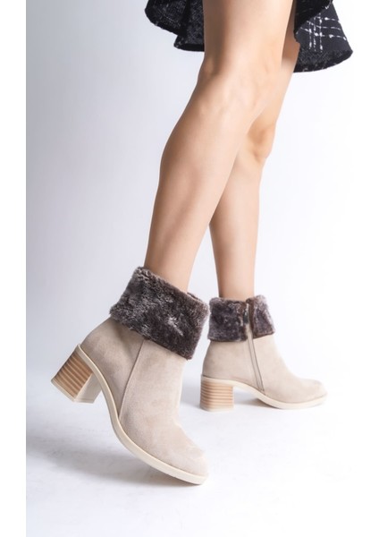 Katya Fermuarlı Ortopedik Taban Topuklu Kürk Detaylı Süet Kadın Bot Tt Ten fiyatları