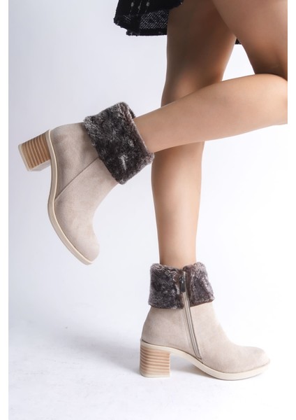 Katya Fermuarlı Ortopedik Taban Topuklu Kürk Detaylı Süet Kadın Bot Tt Ten indirimleri