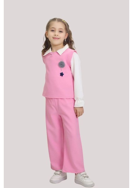 Kız Çocuk Pembe Kapüşonlu Yelekli Bluz ve Ispanyol Paça Pantolon Takımı (Üç Parça)