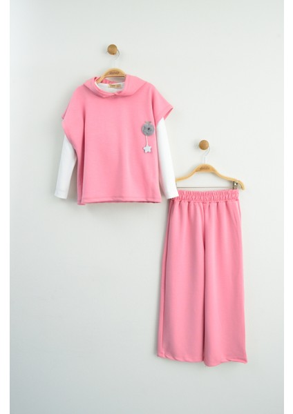 Kız Çocuk Pembe Kapüşonlu Yelekli Bluz ve Ispanyol Paça Pantolon Takımı (Üç Parça) fiyatları