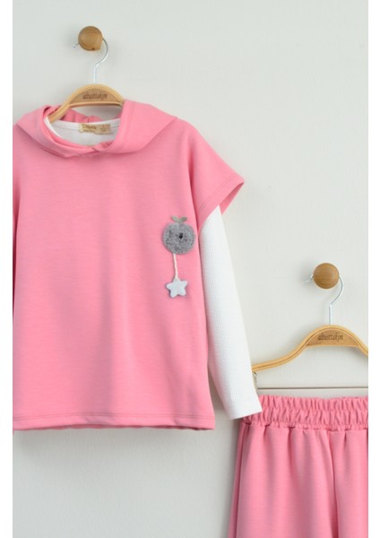 Kız Çocuk Pembe Kapüşonlu Yelekli Bluz ve Ispanyol Paça Pantolon Takımı (Üç Parça) modelleri