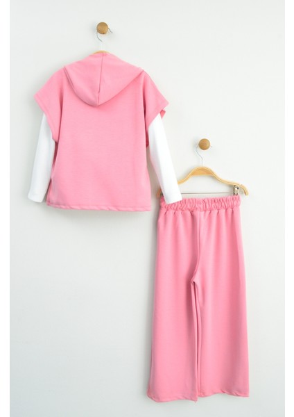 Kız Çocuk Pembe Kapüşonlu Yelekli Bluz ve Ispanyol Paça Pantolon Takımı (Üç Parça) fırsatları