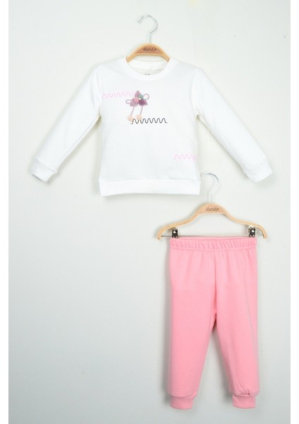 Bebek Kız Beyaz Çiçek Aplike Detaylı Sweatshirt ve Pembe Eşofman Altı Takımı