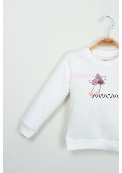 Bebek Kız Beyaz Çiçek Aplike Detaylı Sweatshirt ve Pembe Eşofman Altı Takımı modelleri