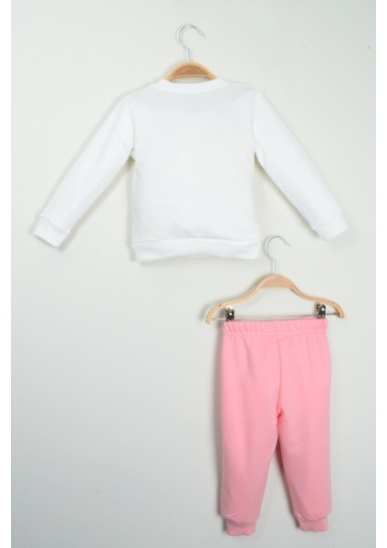 Bebek Kız Beyaz Çiçek Aplike Detaylı Sweatshirt ve Pembe Eşofman Altı Takımı fırsatları