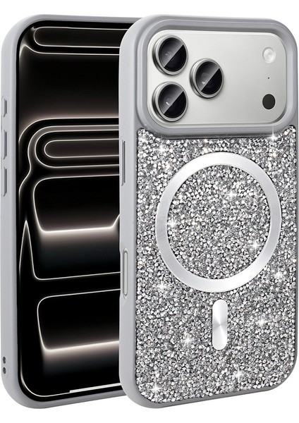 iPhone 17 Pro Max Kılıf Pırlanta Tasarımlı M-Safe Şarj Özellikli Zore Mozaik Silikon Kapak - Titanyu fırsatları